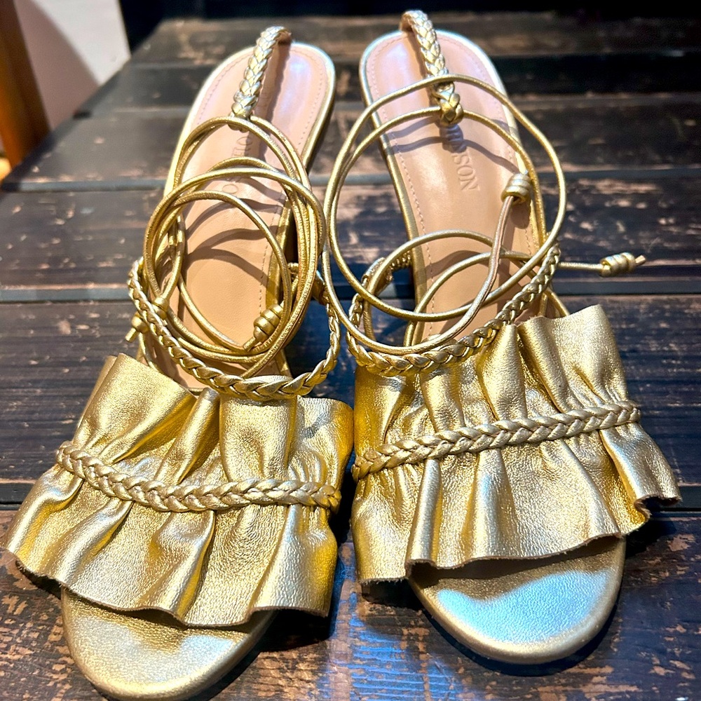 ULLA JOHNSON gold leather gorgeous heels lace up straps stiletto